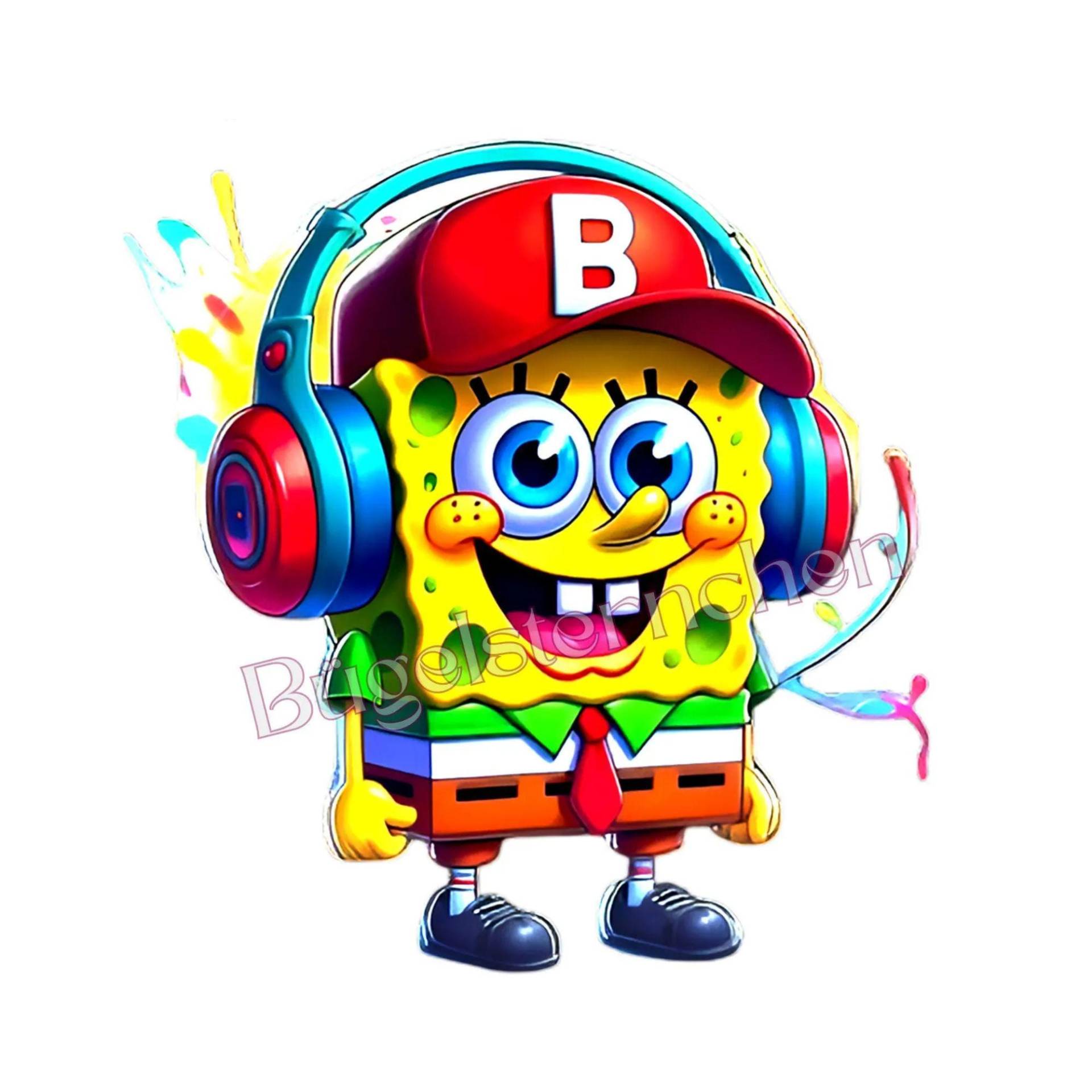 Sponge Bob - Bügelbild/Rub On, Einfach & Schnell Aufgebracht, Ki-Kunst Spongebob Schwammkopf Mit Kopfhörer von Buegelsternchen