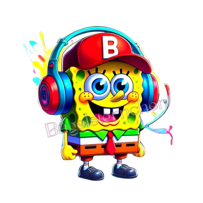 Sponge Bob - Bügelbild/Rub On, Einfach & Schnell Aufgebracht, Ki-Kunst Spongebob Schwammkopf Mit Kopfhörer von Buegelsternchen