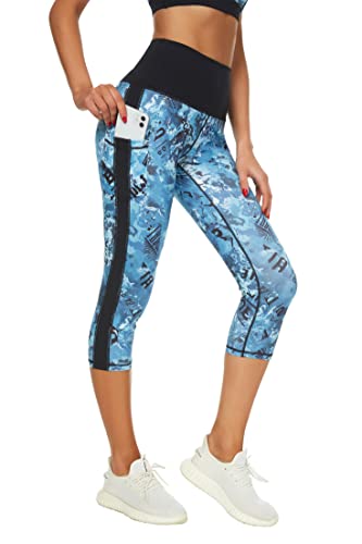 Buepeara Sport Leggings Damen Sporthose mit Taschen, High Waist Tights Laufhose Fitnesshose Für Sport & Alltag -Y2155 3/4 (Blau)/M von Buepeara