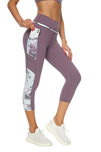 Buepeara Sport Leggings Damen Sporthose mit Taschen, High Waist Tights Laufhose Fitnesshose Für Sport & Alltag -Y2173 3/4 (Violett)/XXL von Buepeara