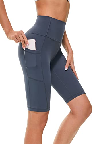 Buepeara Kurze Leggings mit Taschen, High Waist Blickdicht Damen Radlerhose Shorts für Alltag & Sport -3182-02 (Grau Blau)/XL von Buepeara