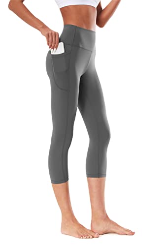 Buepeara Damen Sport Leggings mit Taschen, High Waist Sporthose Tights Laufhose Fitnesshose Yogahose -3309-02 3/4 (Grau)/L von Buepeara