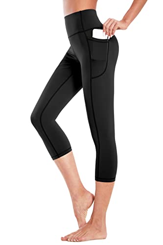 Buepeara Damen Sport Leggings mit Taschen, High Waist Sporthose Tights Laufhose Fitnesshose Yogahose -3309-03 3/4 (Schwarz)/XL von Buepeara