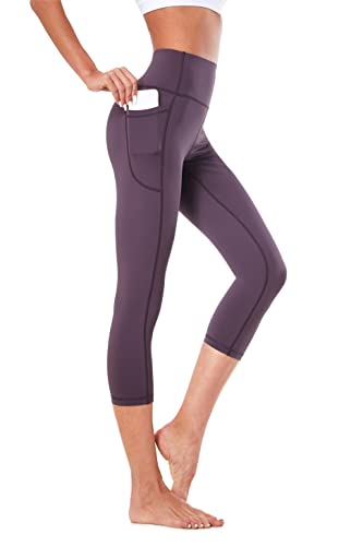 Buepeara Damen Sport Leggings mit Taschen, High Waist Sporthose Tights Laufhose Fitnesshose Yogahose -3309-65 3/4(Lila)/L von Buepeara