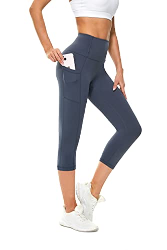 Buepeara Sport Leggings Damen Sporthose mit Taschen, High Waist Tights Laufhose Fitnesshose Für Sport & Alltag -5183-02 3/4 (Blau)/L von Buepeara