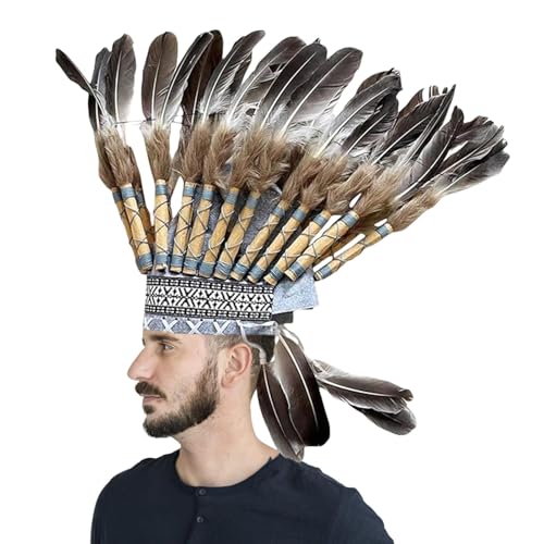 Buerfu Federkopfschmuck,Häuptlingsfeder-Ureinwohnerhut - Native Feather Hat Häuptling Hut,Native Federhut, Federstirnband-Zubehör, dekorativer Häuptlingshut, Federkopfschmuck für Halloween-Show, von Buerfu