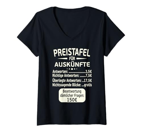 Damen Arbeit Preistafel Für Auskünfte Kollegen Lustige Sprüche T-Shirt mit V-Ausschnitt Damen Arbeit Preistafel Für Auskünfte Kollegen Lustige Sprüche T-Shirt mit V-Ausschnitt von Büro Spruch Chef Arbeitskollegen Witzige Geschenke