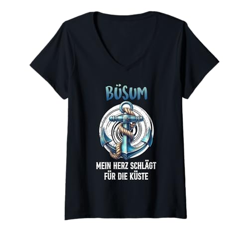 Damen BÜSUM Mein Herz SCHLÄGT FÜR DIE KÜSTE Lustiges Nordsee T-Shirt mit V-Ausschnitt von Büsumer Geschenk Nordsee Shirt Büsum Wattenmeer