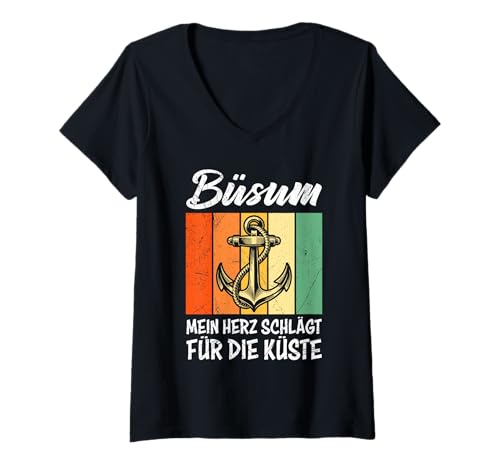 Damen Büsumer BÜSUM Mein Herz SCHLÄGT FÜR DIE KÜSTE Büsum T-Shirt mit V-Ausschnitt von Büsumer Geschenk Nordsee Shirt Büsum Wattenmeer