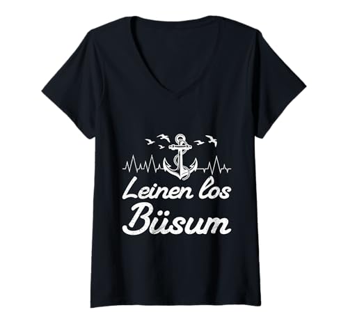 Damen Nordsee LEINEN LOS BÜSUM Leuchtturm Lustig Büsumer T-Shirt mit V-Ausschnitt von Büsumer Geschenk Nordsee Shirt Büsum Wattenmeer