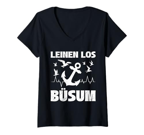 Damen Nordsee LEINEN LOS BÜSUM Leuchtturm Lustig Büsumer T-Shirt mit V-Ausschnitt von Büsumer Geschenk Nordsee Shirt Büsum Wattenmeer