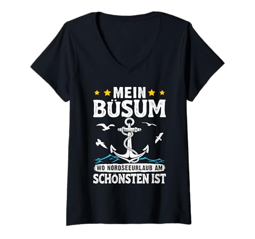 Damen Nordsee Mein BÜSUM WO NORDSEE Urlaub AM SCHÖNSTEN Büsum T-Shirt mit V-Ausschnitt von Büsumer Geschenk Nordsee Shirt Büsum Wattenmeer