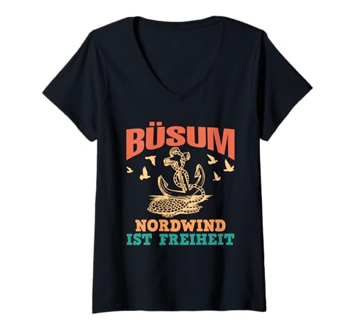 Damen Nordsee Urlaub BÜSUM NORDWIND IST Freiheit Lustig Büsumer T-Shirt mit V-Ausschnitt von Büsumer Geschenk Nordsee Shirt Büsum Wattenmeer