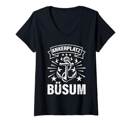 Damen Nordsee Wattenmeer ANKERPLATZ BÜSUM Lustiges Büsum T-Shirt mit V-Ausschnitt von Büsumer Geschenk Nordsee Shirt Büsum Wattenmeer