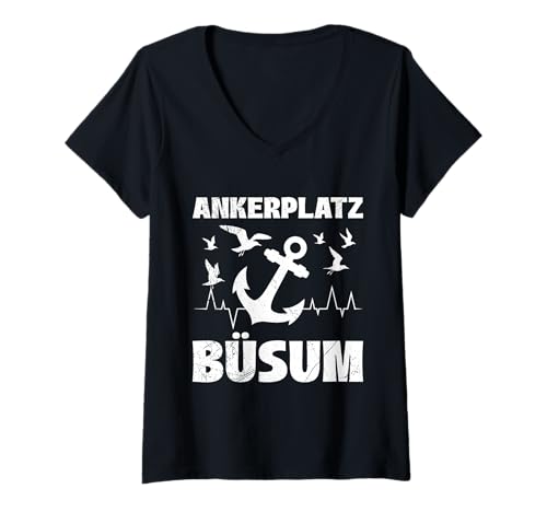 Damen Nordsee Wattenmeer ANKERPLATZ BÜSUM Lustiges Büsum T-Shirt mit V-Ausschnitt von Büsumer Geschenk Nordsee Shirt Büsum Wattenmeer