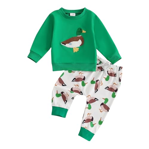 Bufarromio Kleinkind Baby Jungen Herbst Kleidung Set Lange Ärmel Ente Stickerei 2 Stück Outfits Casual Baby Boy Hosen Set Neugeborene Sweatshirt Tücher Set, grün, 3-6 Months von Bufarromio