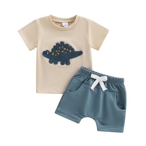 Bufarromio Kleinkind Baby Jungen Sommer 2-teiliges Outfit Kurzarm Dinosaurier Stickerei T-Shirt Elastische Taille Shorts Kleidung Set 3M-3T, blau, 3-6 Months von Bufarromio
