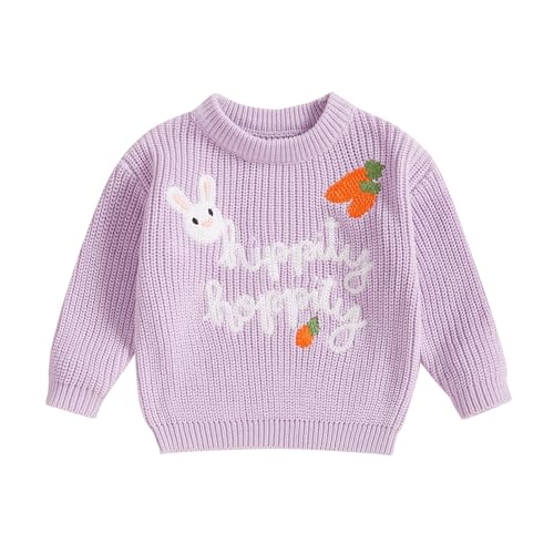 Bufarromio Kleinkind Baby Mädchen Jungen Ostern Niedlich Strickpullover Häschen Brief Stickerei Sweatshirt Langarm Rundhals Pullover Frühling Strickwaren Top, violett, 2-3 Jahre von Bufarromio