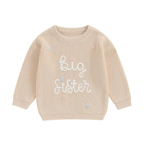 Bufarromio Little Baby Mädchen Casual Sweater Big Sister Letter Flower Embroidery Long Sleeve Knitwear Round Neck Fall Winter Pullover, Beige/Weiß, 3-4 Jahre von Bufarromio