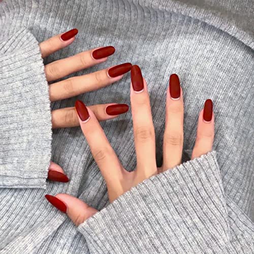 Bufenia 24 Stück ovale künstliche Nägel Burgunderrot Mandel Press on Nägel Matte Acryl Fake Nails für Damen und Mädchen von Bufenia