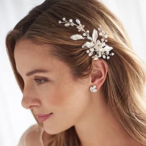 Bufenia Blume Braut Haarspangen Perlen Haarspangen Strass Kopfstück Blätter Braut Haarschmuck für Frauen und Mädchen (Silber) von Bufenia