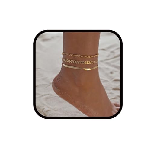 Bufenia Boho Fußkettchen Gold Fishbone Fußkettchen Blatt geschichtetes Fußkettchen Set Sommer Strand Fußkette Schmuck Accessoires für Frauen und Mädchen von Bufenia