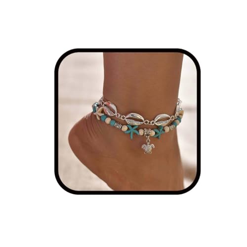 Bufenia Boho Muschel Fußkettchen für Frauen Seesterne Fußkettchen Sets Perlen Schildkröte Anhänger Fußkette Sommer Strand Fußketten Schmuck von Bufenia