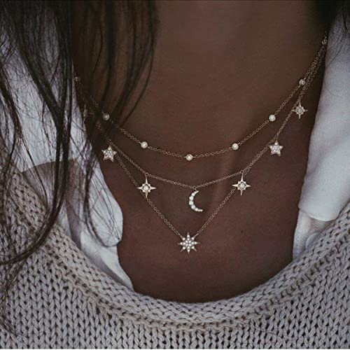 Bufenia Boho Star Halskette Layered Moon Pendant Choker Halsketten Crystal Fashion Neck Chain Schmuck für Frauen und Mädchen von Bufenia