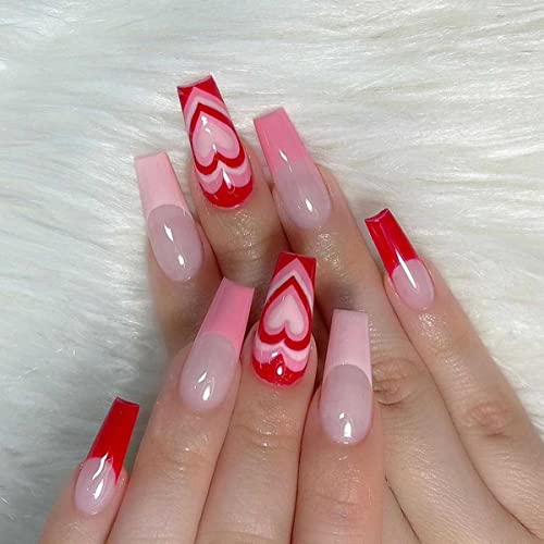 Bufenia Französischer Sarg Künstliche Nägel Flash Gradient Nude Pink Press on Nails Glitter Herz Strass Ballerina Gefälschte Nägel Glänzende Acrylnägel für Frauen und Mädchen 24 Stück (rotes Herz) von Bufenia