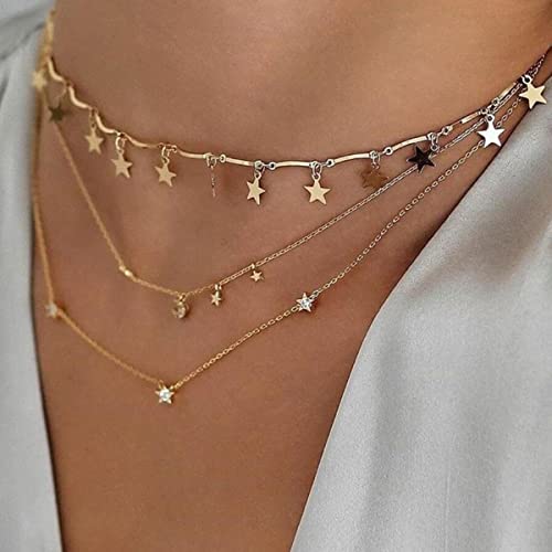 Bufenia Geschichtete Quaste Stern Choker Halskette Gold Mond Strass Anhänger Halsketten Schmuck Zubehör Einstellbar für Frauen und Mädchen von Bufenia