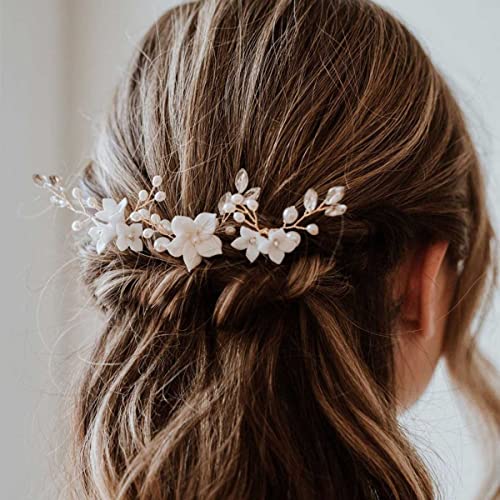 Bufenia Kristall Braut Haarnadeln Weiße Blume Hochzeit Haarteile Handgemachte Braut Brautjungfern Haarschmuck, 3er Pack (Gold) von Bufenia