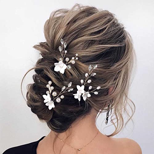 Bufenia Kristall Braut Haarnadeln Weiße Blume Hochzeit Haarteile Handgemachte Braut Brautjungfern Haarschmuck, 3er Pack (Silber) von Bufenia