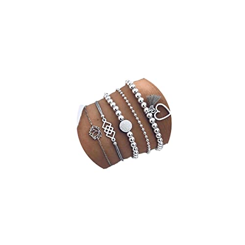 Bufenia Set mit 5 Boho-Armbändern mit Quasten, Silberperlen, Herz-Armband, exquisiter Armreif, Handkette, Schmuck, verstellbar für Frauen und Mädchen von Bufenia