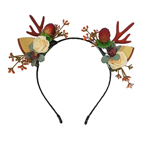 Bufenia Weihnachtsgeweih Stirnband Blume Haarreifen Beeren Haarband Rentier Haarschmuck Party Kostüm für Frauen und Mädchen (C) von Bufenia