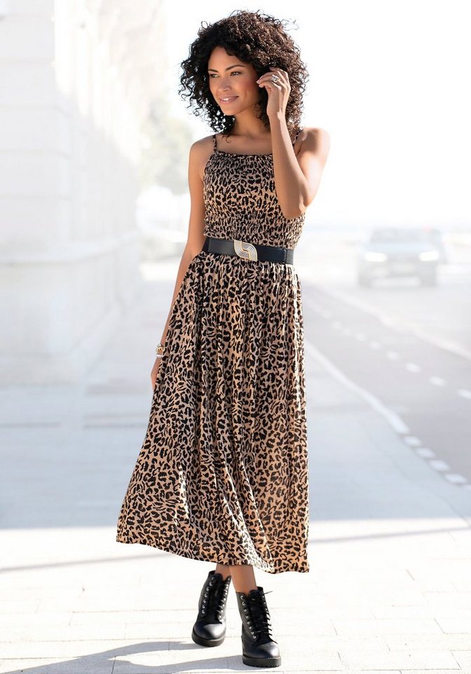 Buffalo Midikleid mit gesmoktem Oberteil und Animalprint, Leokleid, Sommerkleid von Buffalo