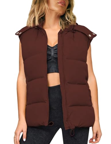 Bufushaoh Damen Puffer Kapuzenweste gesteppte gepolsterte ärmellose Daunenjacke Gilet mit Taschen, Braun, M von Bufushaoh