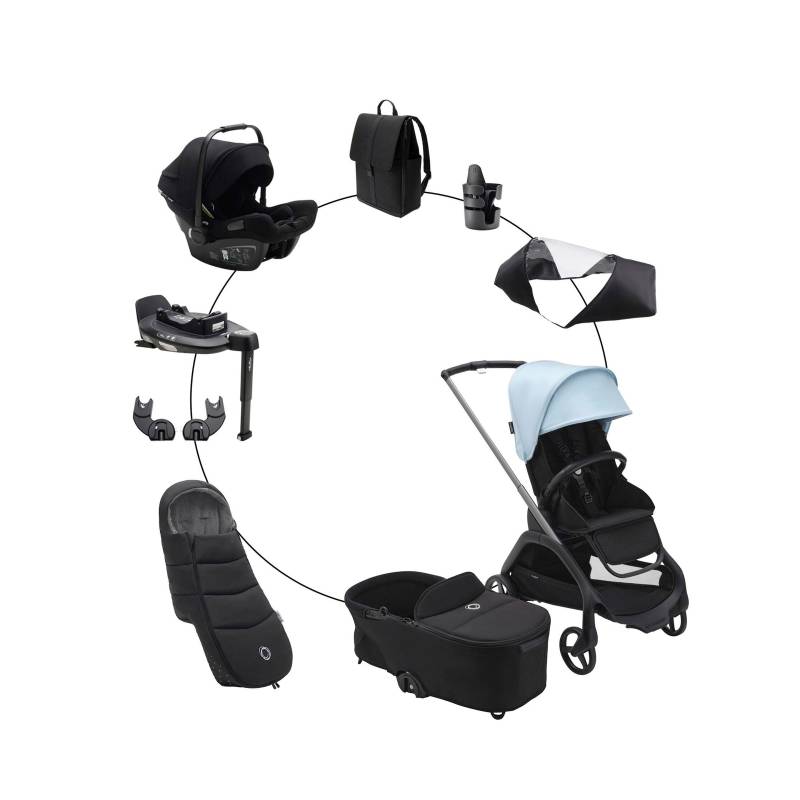 Bugaboo Dragonfly Kombikinderwagen Komplett-Set inkl. Babyschale Turtle Air i-Size, Isofix-Basis 360, Fußsack und Wickeltasche grau | schwarz | blau von Bugaboo