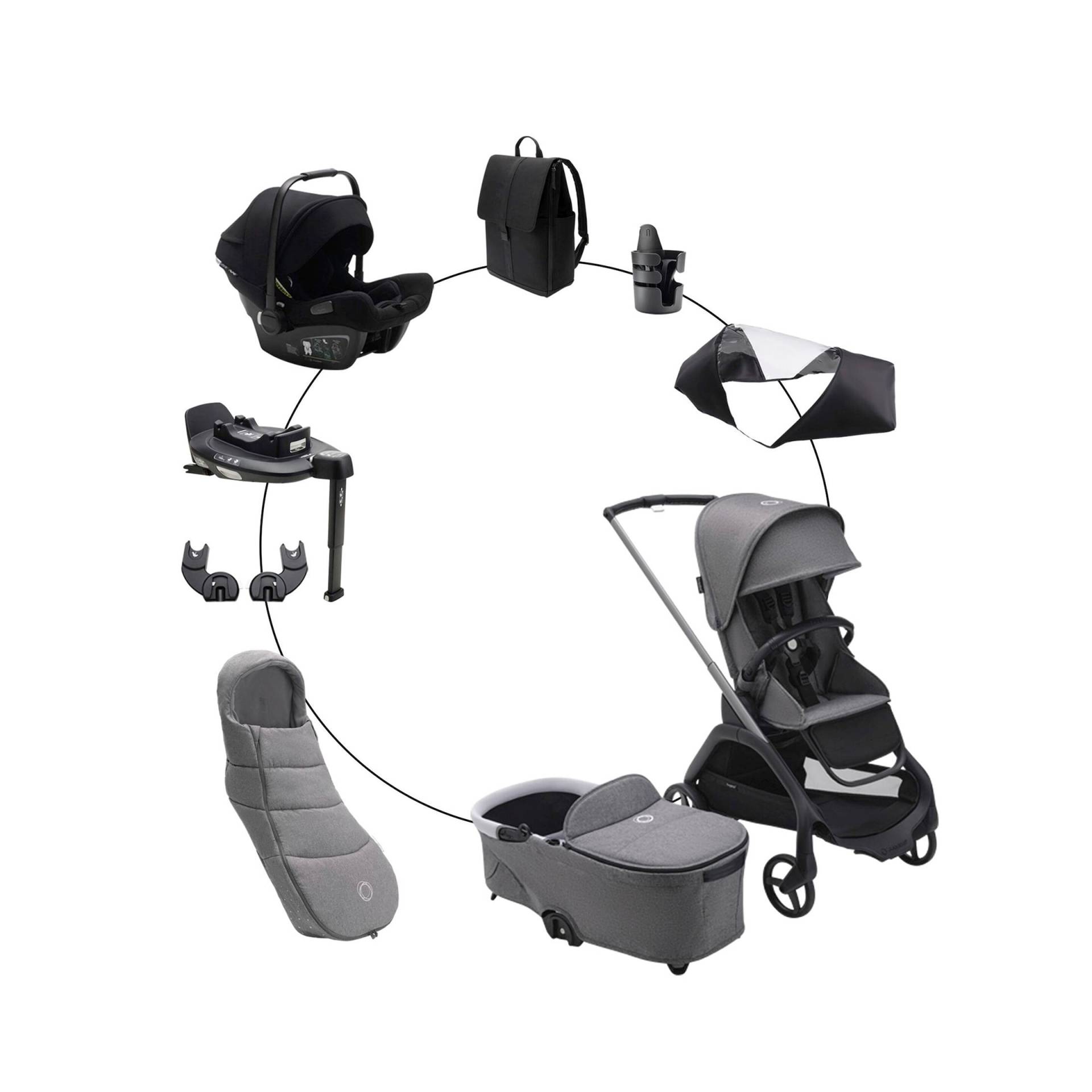 Bugaboo Dragonfly Kombikinderwagen Komplett-Set inkl. Babyschale Turtle Air i-Size, Isofix-Basis 360, Fußsack und Wickeltasche grau von Bugaboo