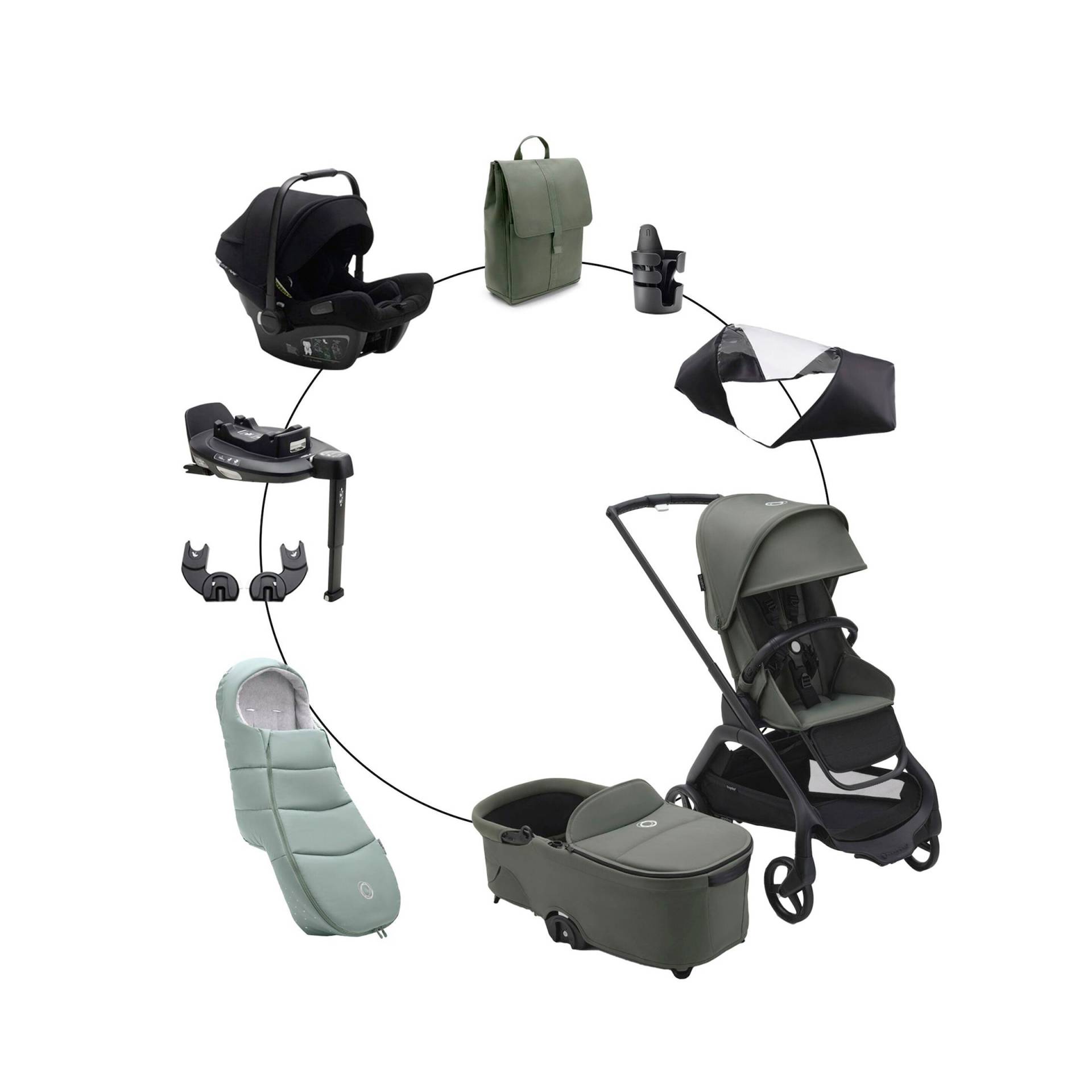 Bugaboo Dragonfly Kombikinderwagen Komplett-Set inkl. Babyschale Turtle Air i-Size, Isofix-Basis 360, Fußsack und Wickeltasche gruen von Bugaboo