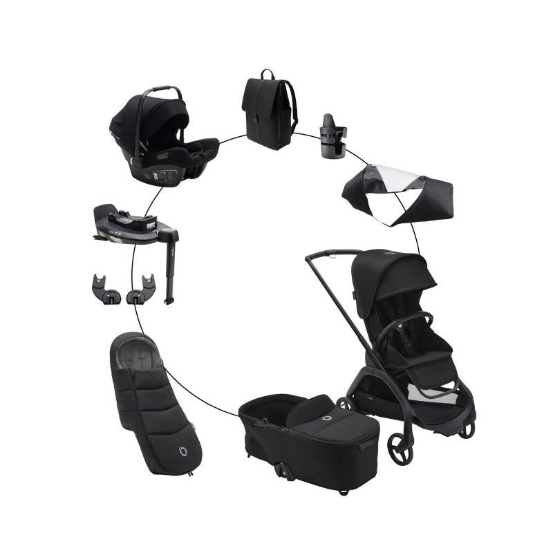 Bugaboo Dragonfly Kombikinderwagen Komplett-Set inkl. Babyschale Turtle Air i-Size, Isofix-Basis 360, Fußsack und Wickeltasche schwarz von Bugaboo