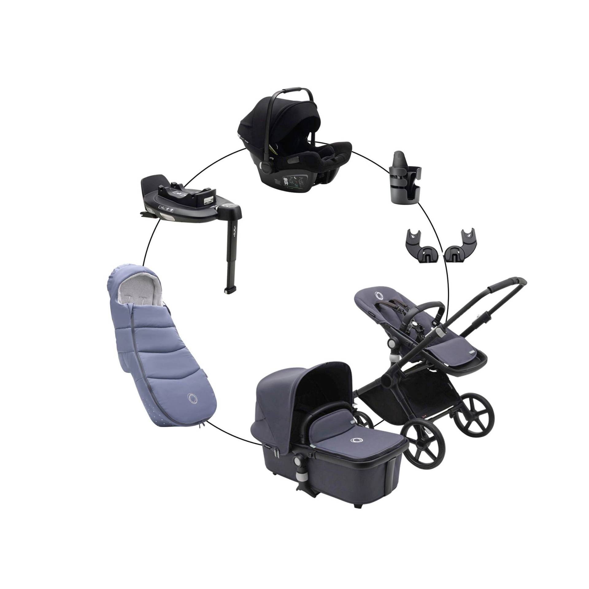 Bugaboo Fox Cub Kombikinderwagen Komplett-Set inkl. Babyschale Turtle Air i-Size, Isofix-Basis 360, Fußsack und Getränkehalter schwarz | blau von Bugaboo