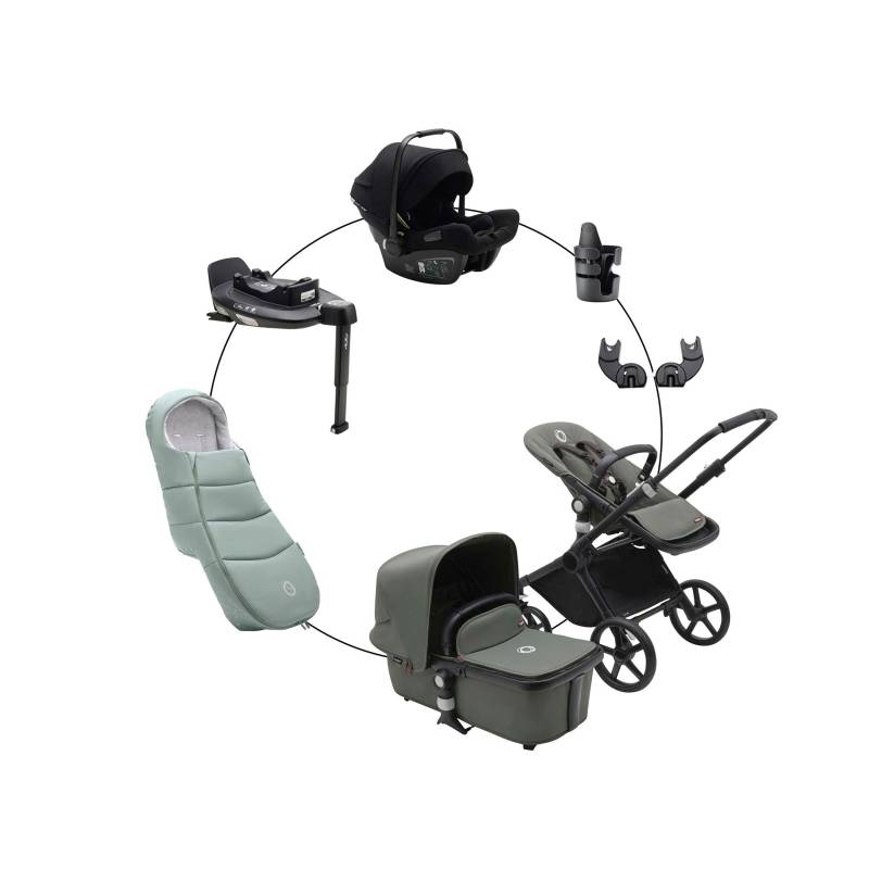 Bugaboo Fox Cub Kombikinderwagen Komplett-Set inkl. Babyschale Turtle Air i-Size, Isofix-Basis 360, Fußsack und Getränkehalter schwarz | gruen von Bugaboo