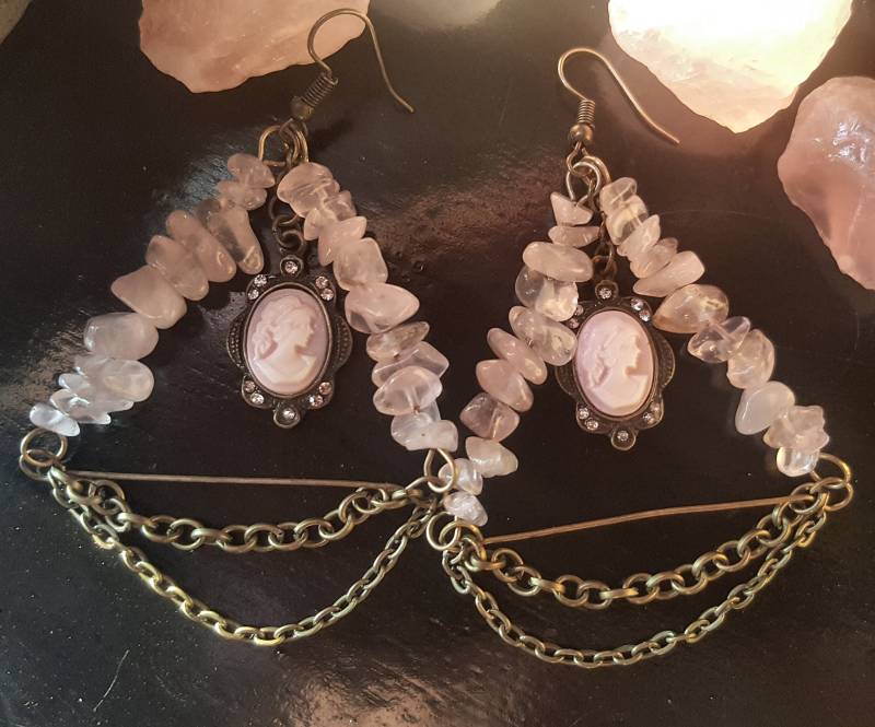 Rosenquarz Viktorian Cameo Ketten Ohrringe Steampunk Goth Schmuck von Bugaboowear