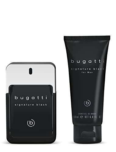 bugatti signature black Geschenkset Parfüm Herren I Eau de Toilette 100ml + Duschgel 200ml I Holziger Herrenduft I Geschenkbox Männer Pflegeset mit Parfum & Duschgel I elegant, sportlich, aromatisch von Bugatti
