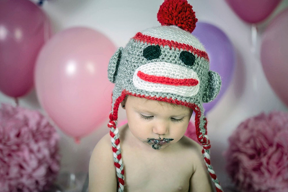 Sock Monkey Trapper Hut, Geburtstag Smash Cake Smashhut, Ohrenklappenhut von BugziesCrochet