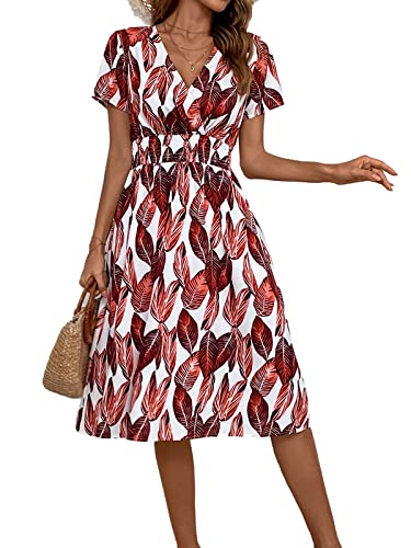 Buicare Damen Kleider V Ausschnitt Sommerkleid Kurzarm A-Linien-Kleid mit Blumenmuster Knielang Sommerkleider Swing Strandkleid Freizeitkleider (L) von Buicare