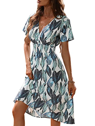 Buicare Damen Kleider V Ausschnitt Sommerkleid Kurzarm A-Linien-Kleid mit Blumenmuster Knielang Sommerkleider Swing Strandkleid Freizeitkleider (L) von Buicare