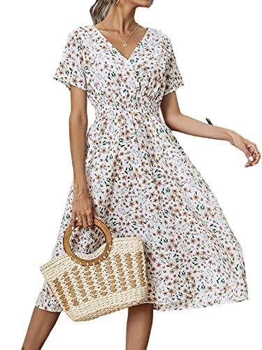 Buicare Damen Kleider V Ausschnitt Sommerkleid Kurzarm A-Linien-Kleid mit Blumenmuster Knielang Sommerkleider Swing Strandkleid Freizeitkleider (L) von Buicare