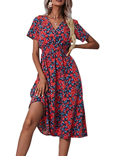 Buicare Damen Kleider V Ausschnitt Sommerkleid Kurzarm A-Linien-Kleid mit Blumenmuster Knielang Sommerkleider Swing Strandkleid Freizeitkleider (L) von Buicare