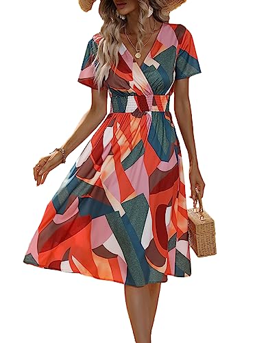 Buicare Damen Kleider V Ausschnitt Sommerkleid Kurzarm A-Linien-Kleid mit Blumenmuster Knielang Sommerkleider Swing Strandkleid Freizeitkleider (L) von Buicare